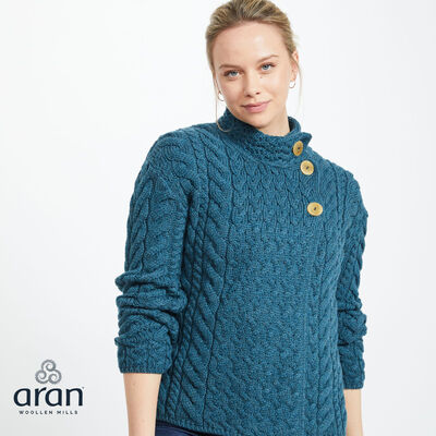 Aran Woollen Mills Ladies Luxury Merino Wool Trellis Multi Aran Cable Knit Teal Cardigan